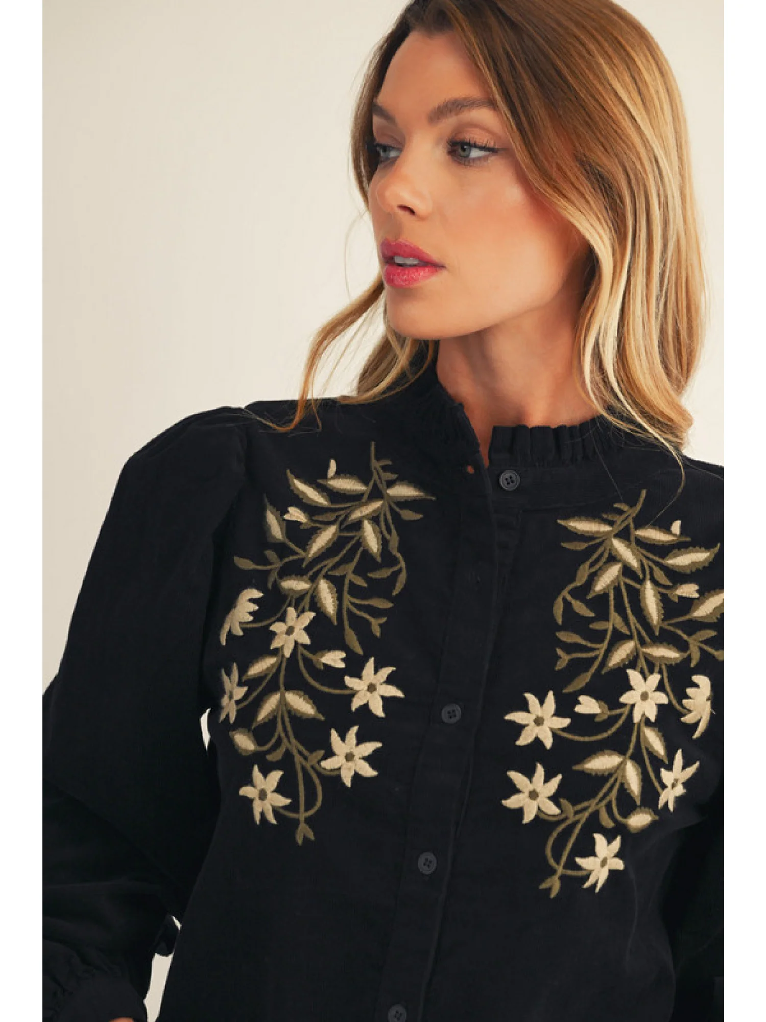 Corduroy Embroidered Long Sleeve Blouse - Image 3