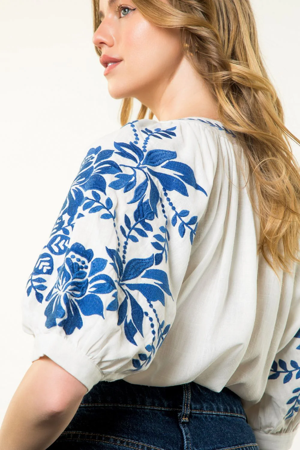 Blue and White Embroidered Blouse - Image 3
