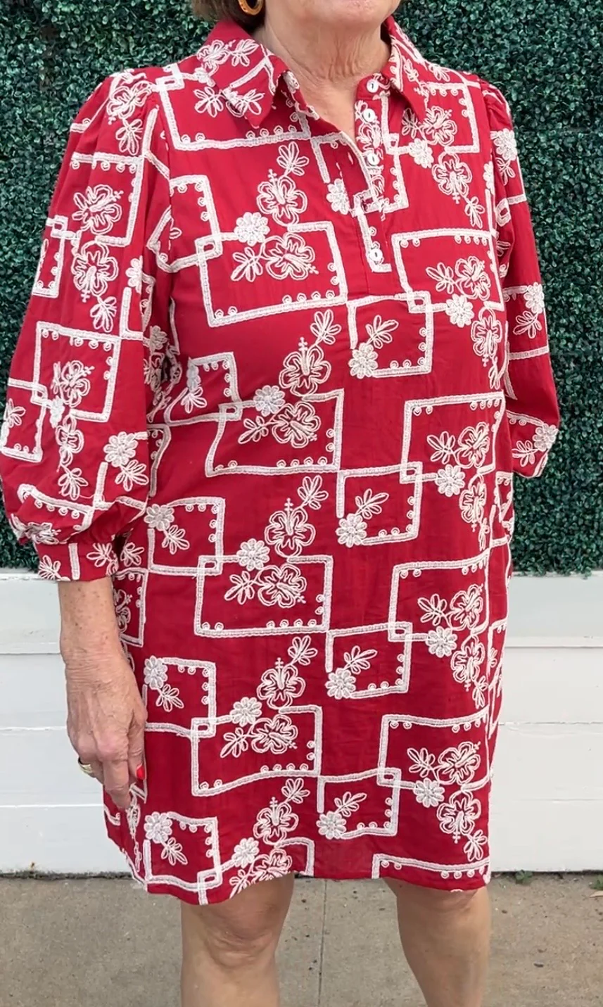 Burgundy & Cream Embroidered Dress - Image 2