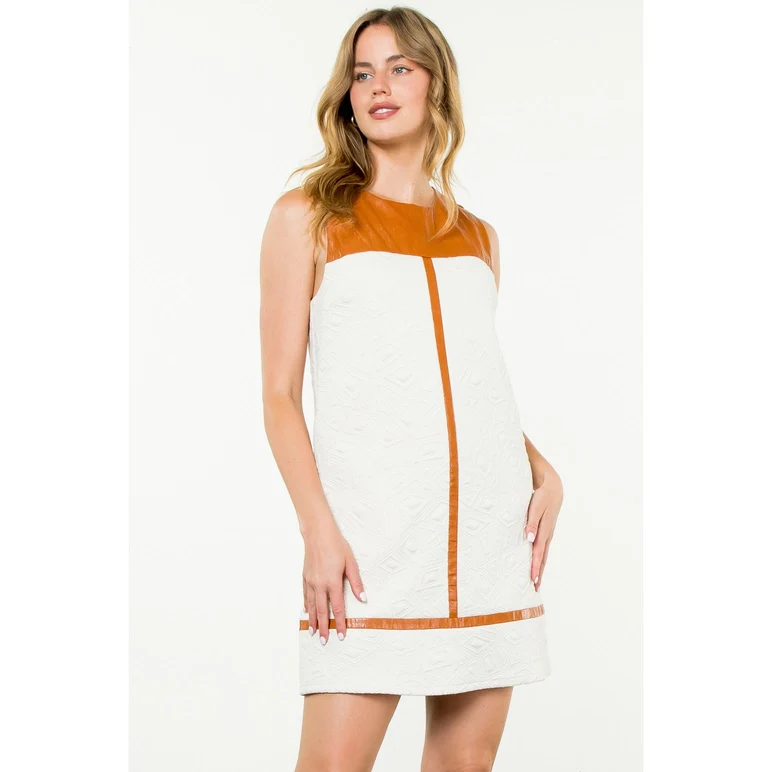 Cream Textured & Burnt Orange Pleather Dress - Image 3