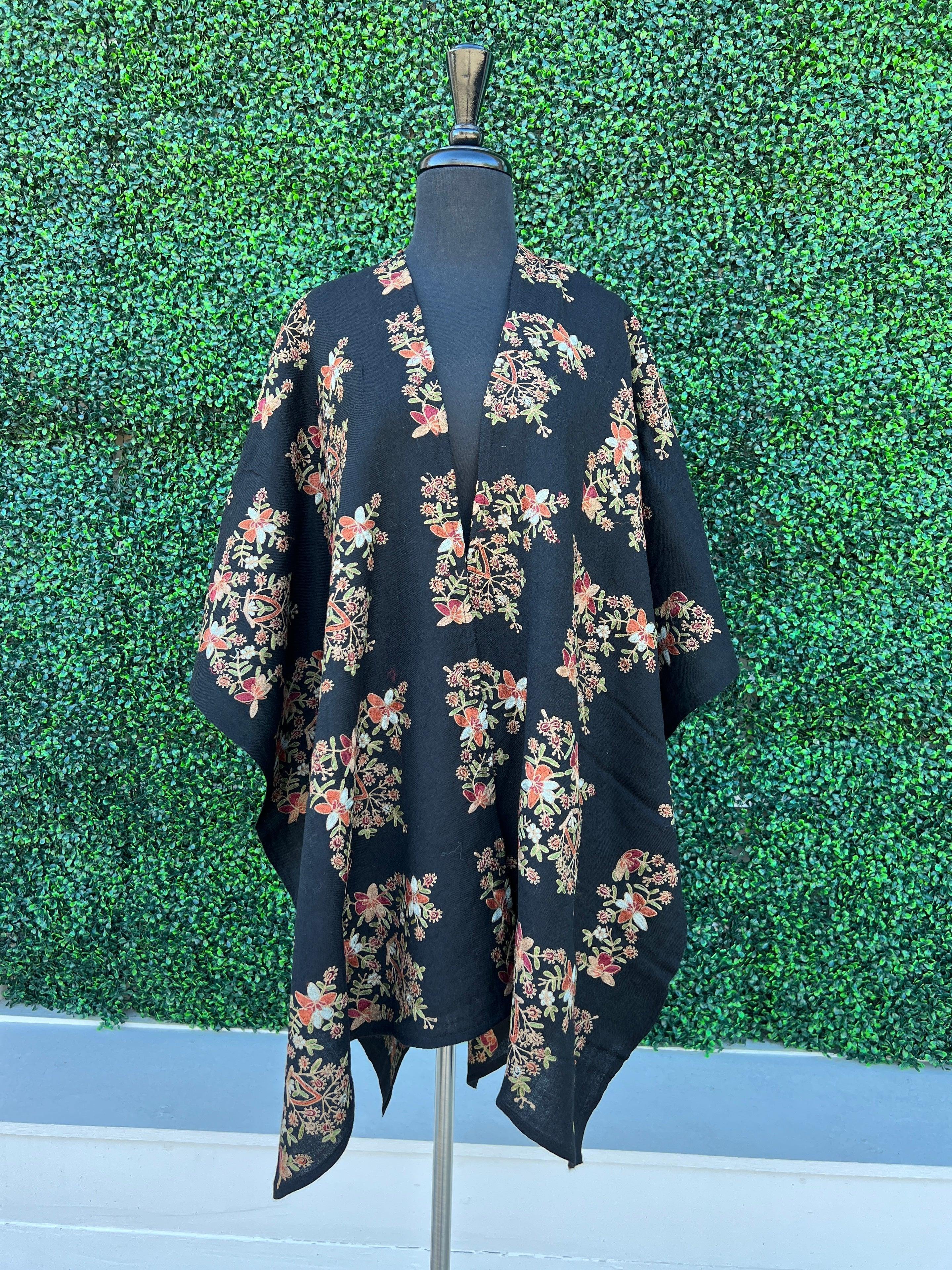 Short Embroidered Black Floral Ruana - Image 2