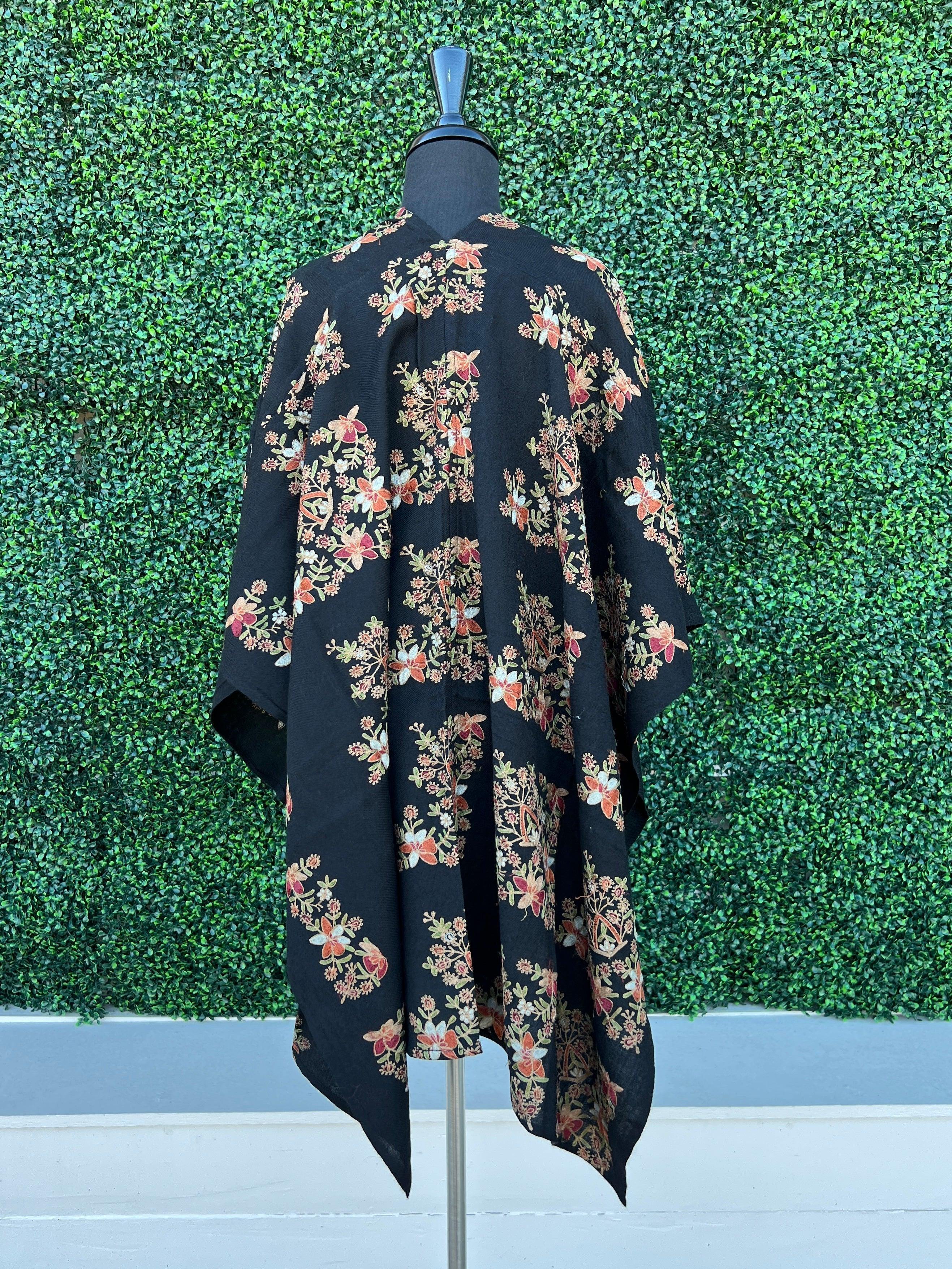 Short Embroidered Black Floral Ruana - Image 3