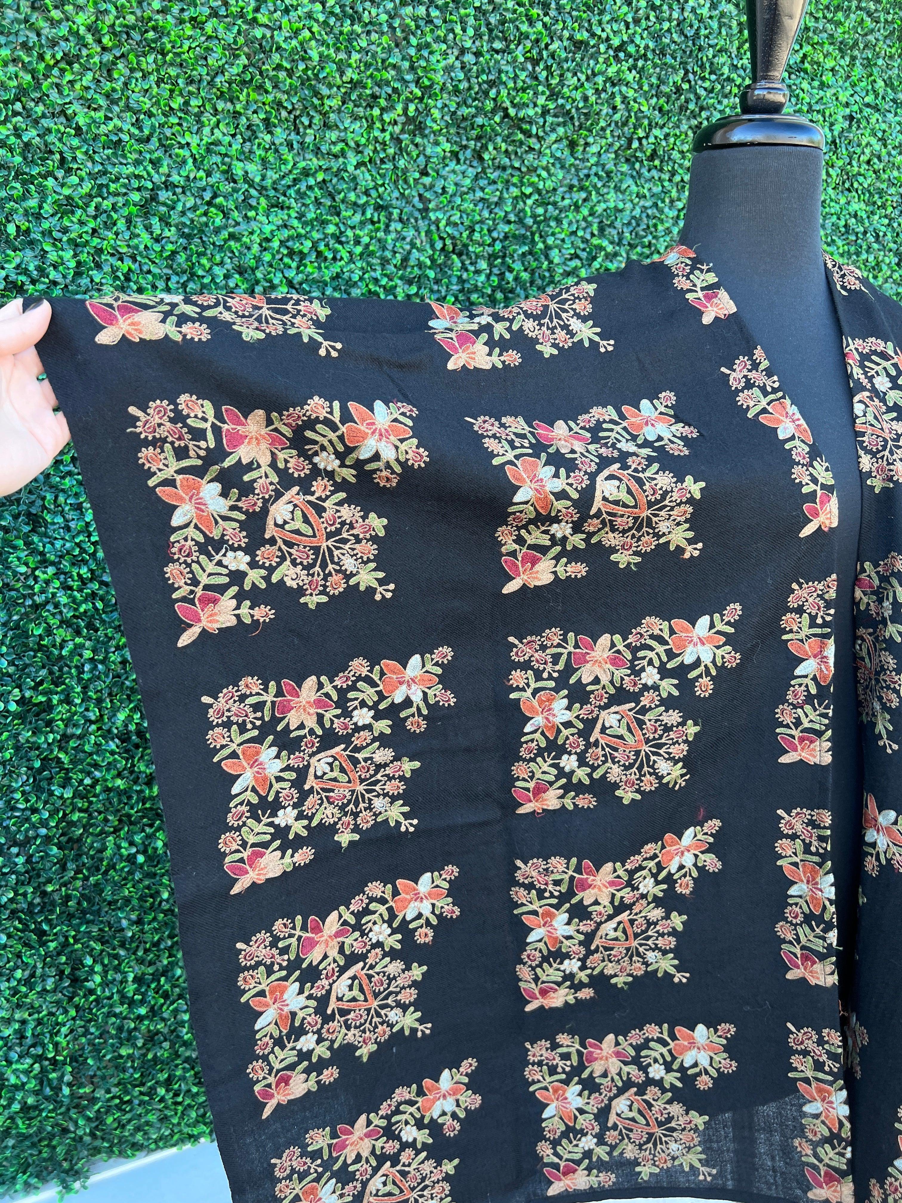 Short Embroidered Black Floral Ruana - Image 4