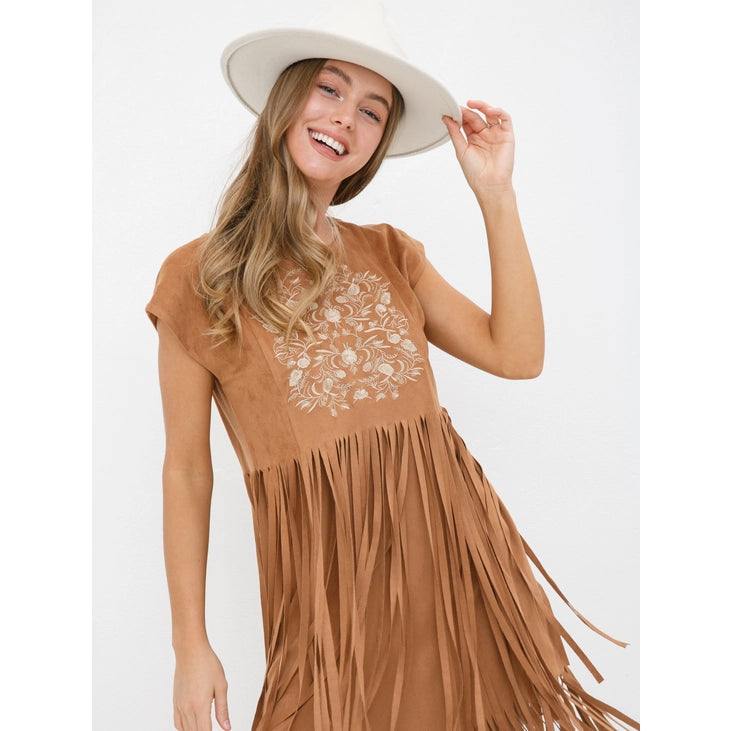 Embroidered Suede Fringe Dress - Image 4