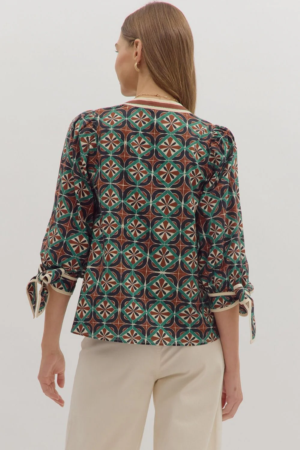 Geometric Print Bow Blouse - Image 3