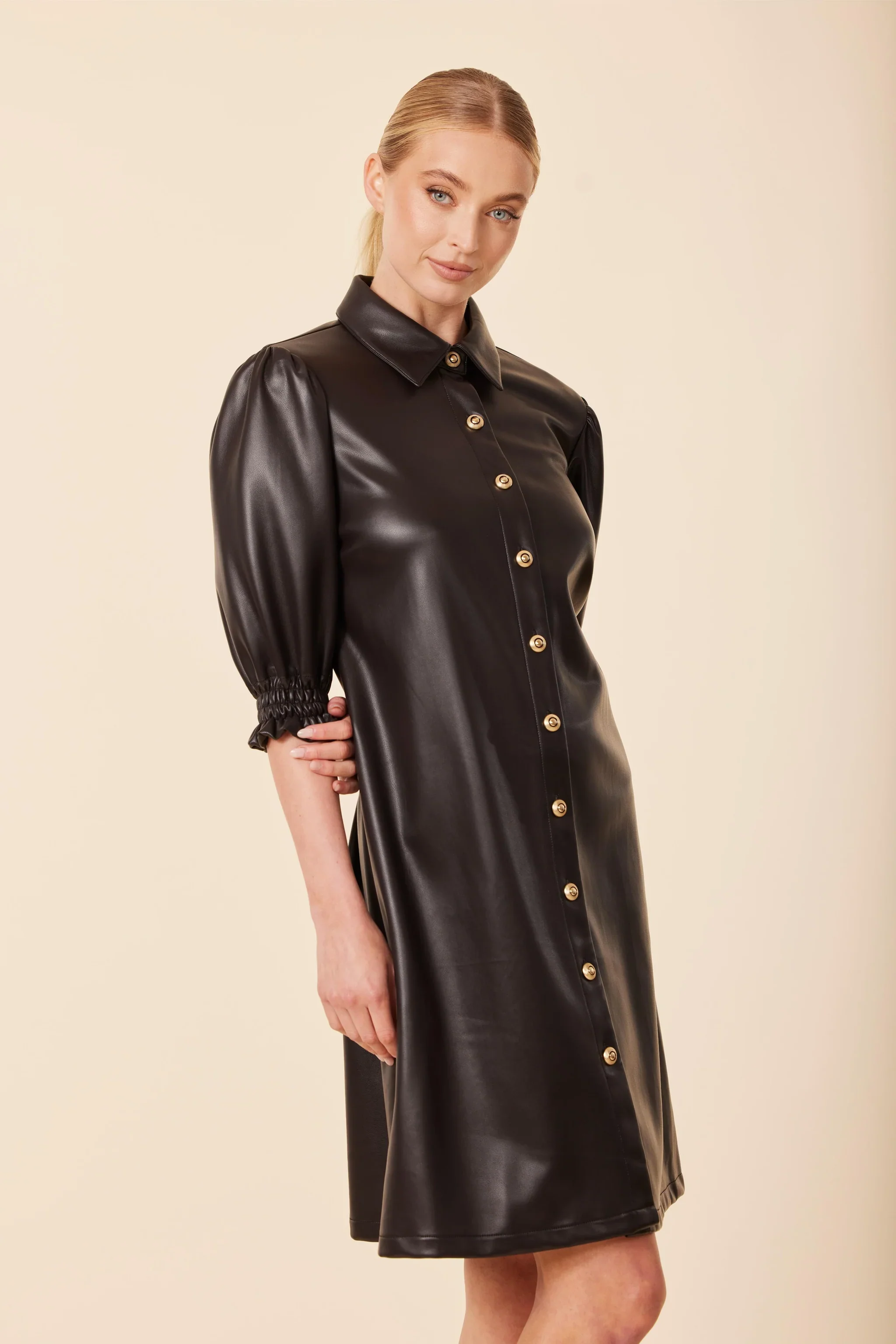 Gold-Button Faux-Leather Dress - Image 4