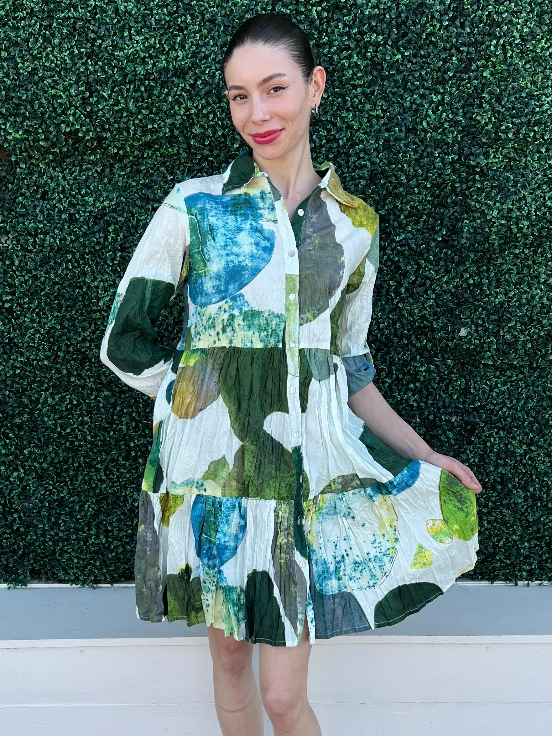 JUNE Leaves Print Tiered Dress