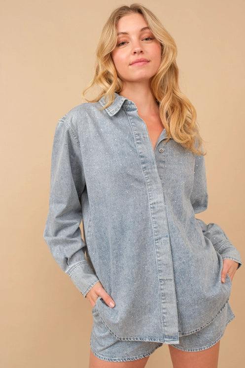 Bedazzled Denim Button Up Top - Image 3