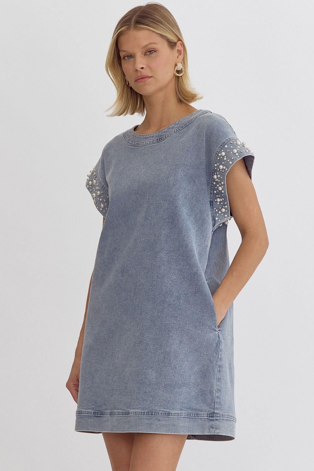 Pearl Embellished Denim Dress - Image 2