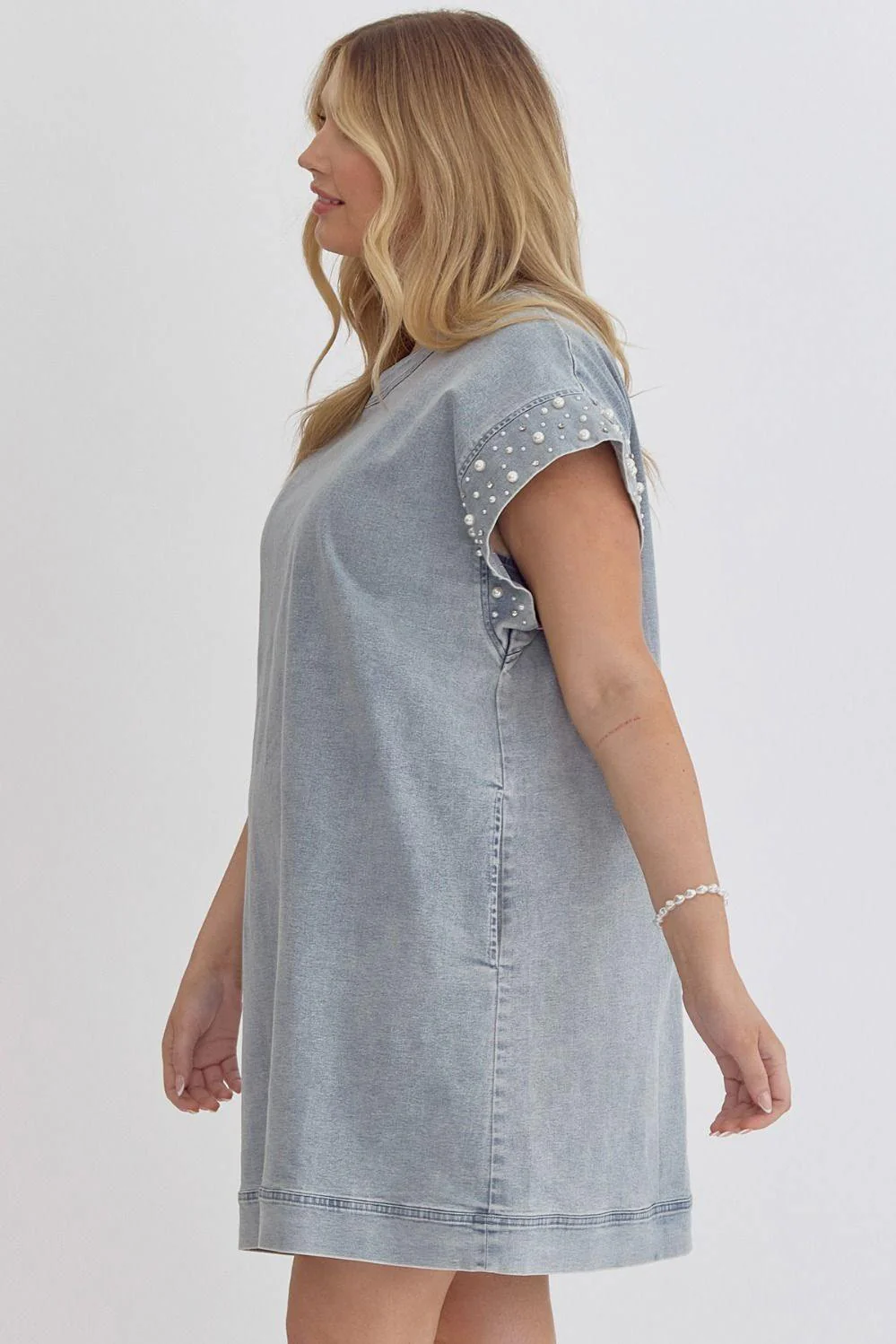 Pearl Embellished Denim Dress - Image 3