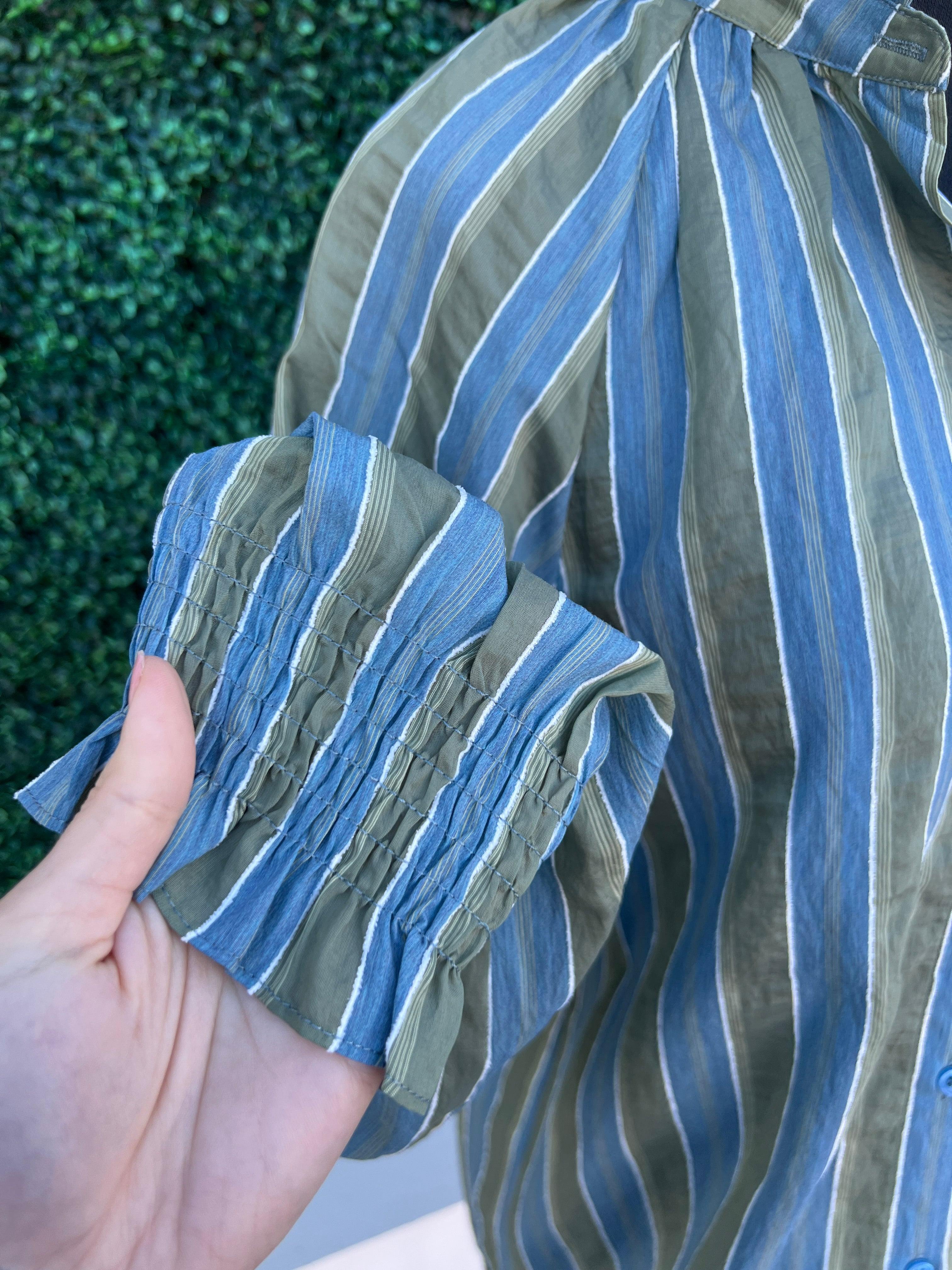 Long Sleeve Ruffle Neck Stripe Blouse - Image 2