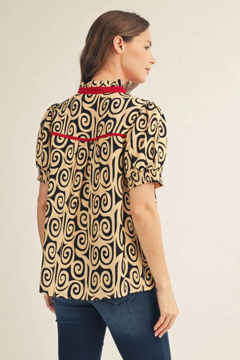 Ruffle Swirl Red Detail Blouse - Image 2