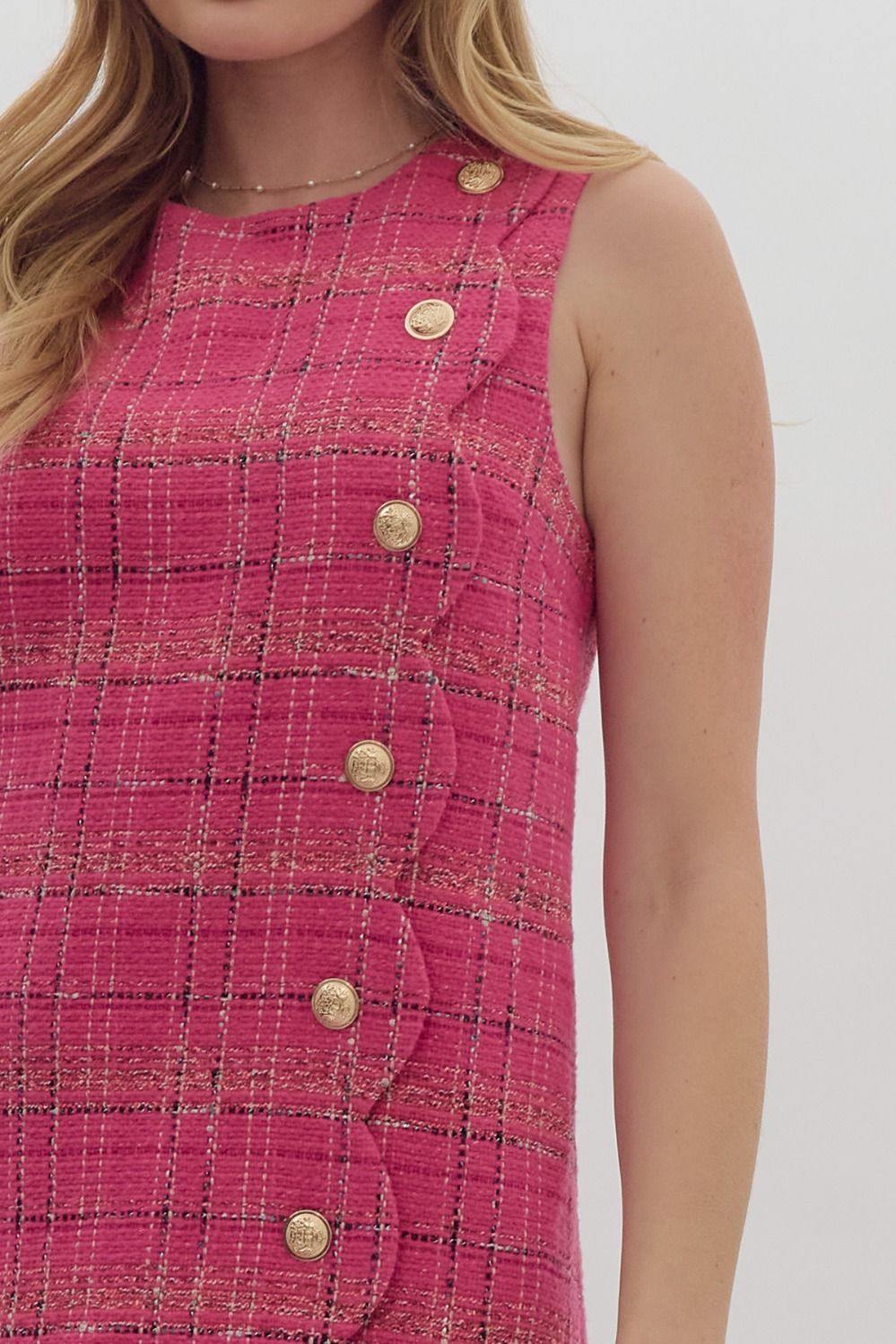 Pink Tweed Scalloped Side Buttons Dress - Image 2