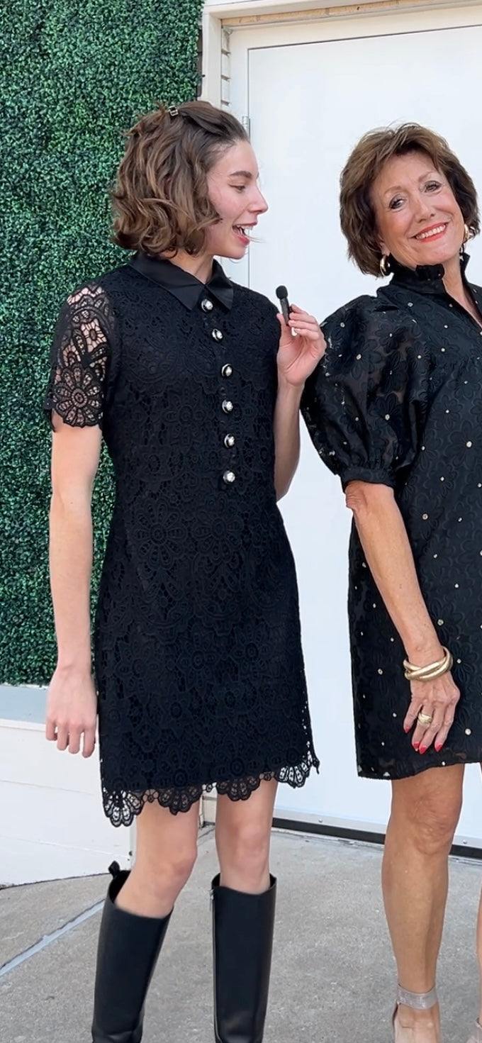 Satin Collar & Gold Buttons Lace Dress - Image 3