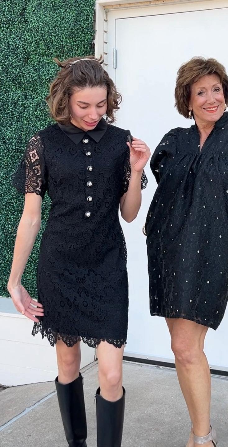 Satin Collar & Gold Buttons Lace Dress - Image 4