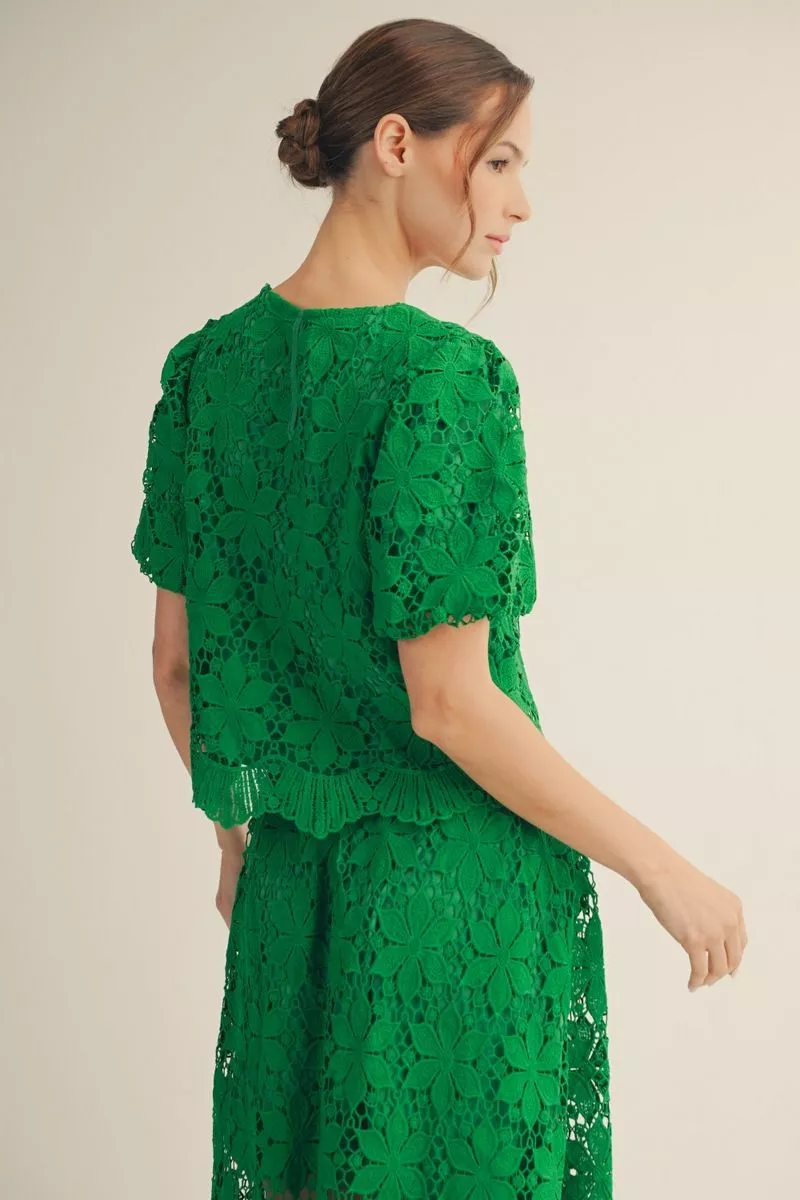 Green Lace Puff Sleeve Blouse - Image 2