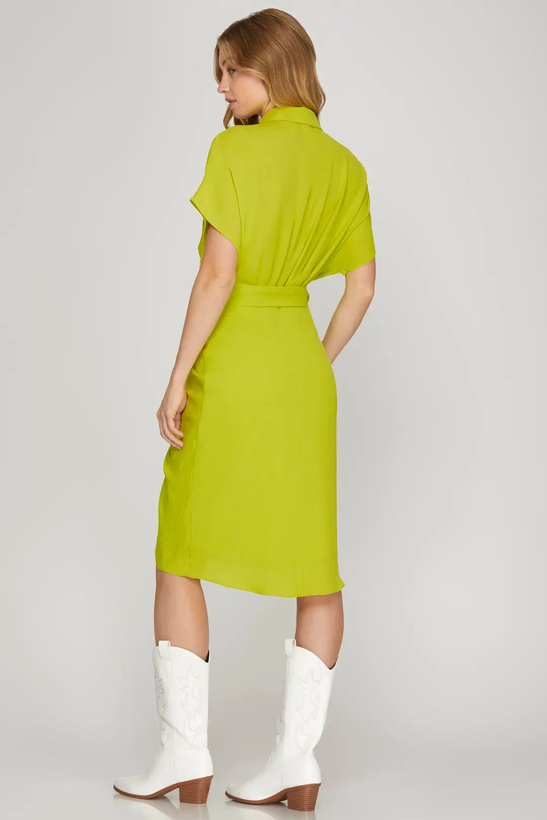 Chartreuse Ruched Waist Midi Dress - Image 2
