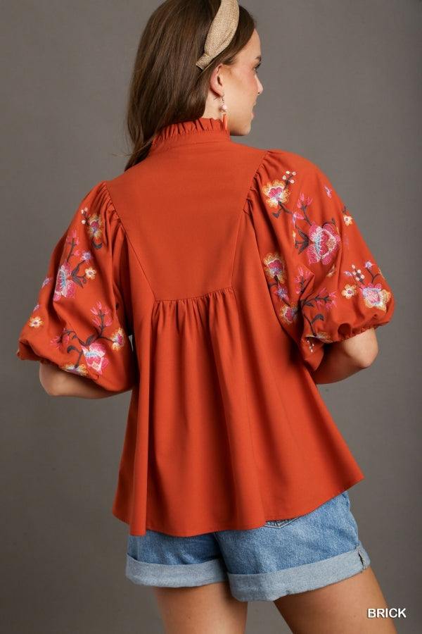 Ruffle Neck Embroidered Blouse - Image 2
