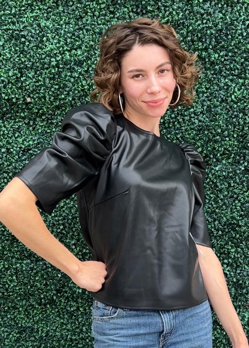 Vegan Leather Puff Blouse - Image 3