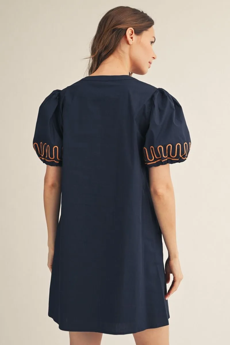 Scallop Embroider Cotton Navy Dress - Image 3